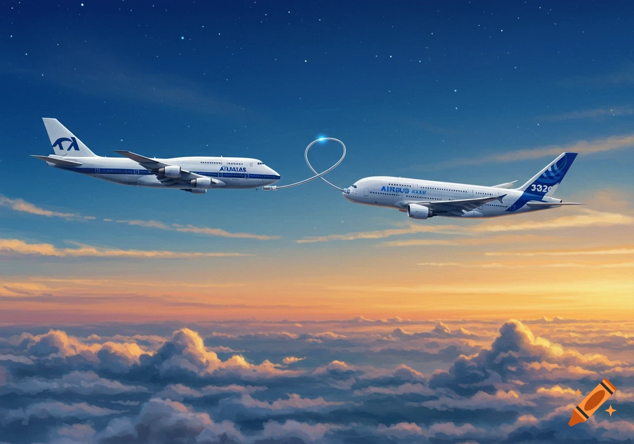 Two airplanes connected by a heart shape light trail fly over clouds at sunset.