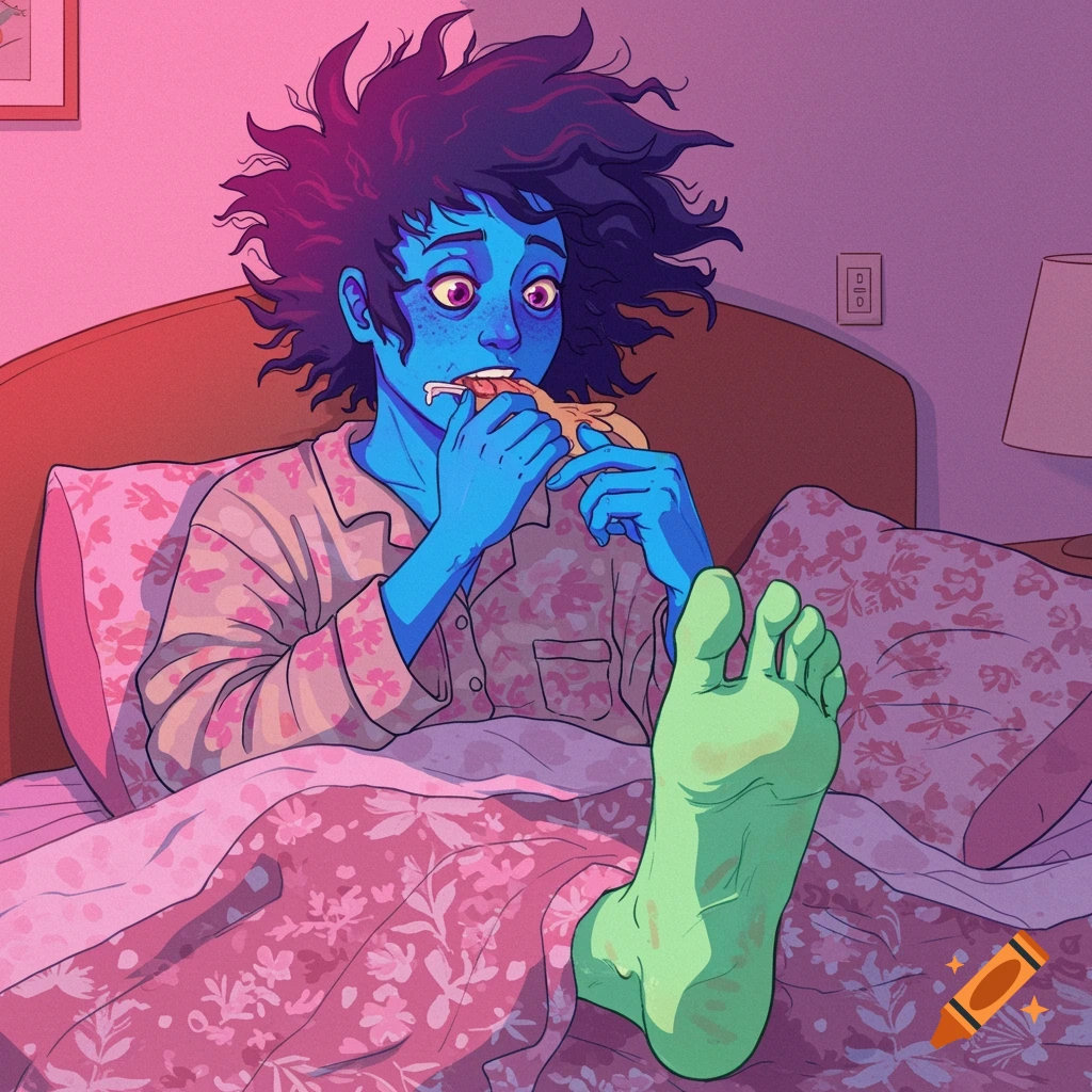 Illustration of a blue-skinned person with purple hair eating pizza in bed, with a large green foot resting on the blanket.