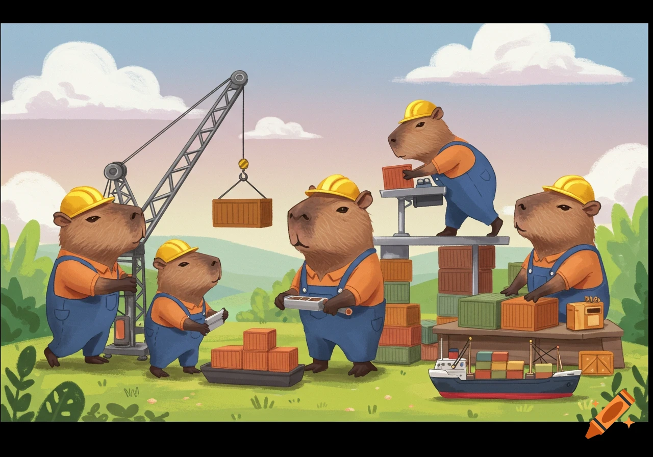 Illustration of cartoon capybaras in construction outfits working with a crane and shipping containers.