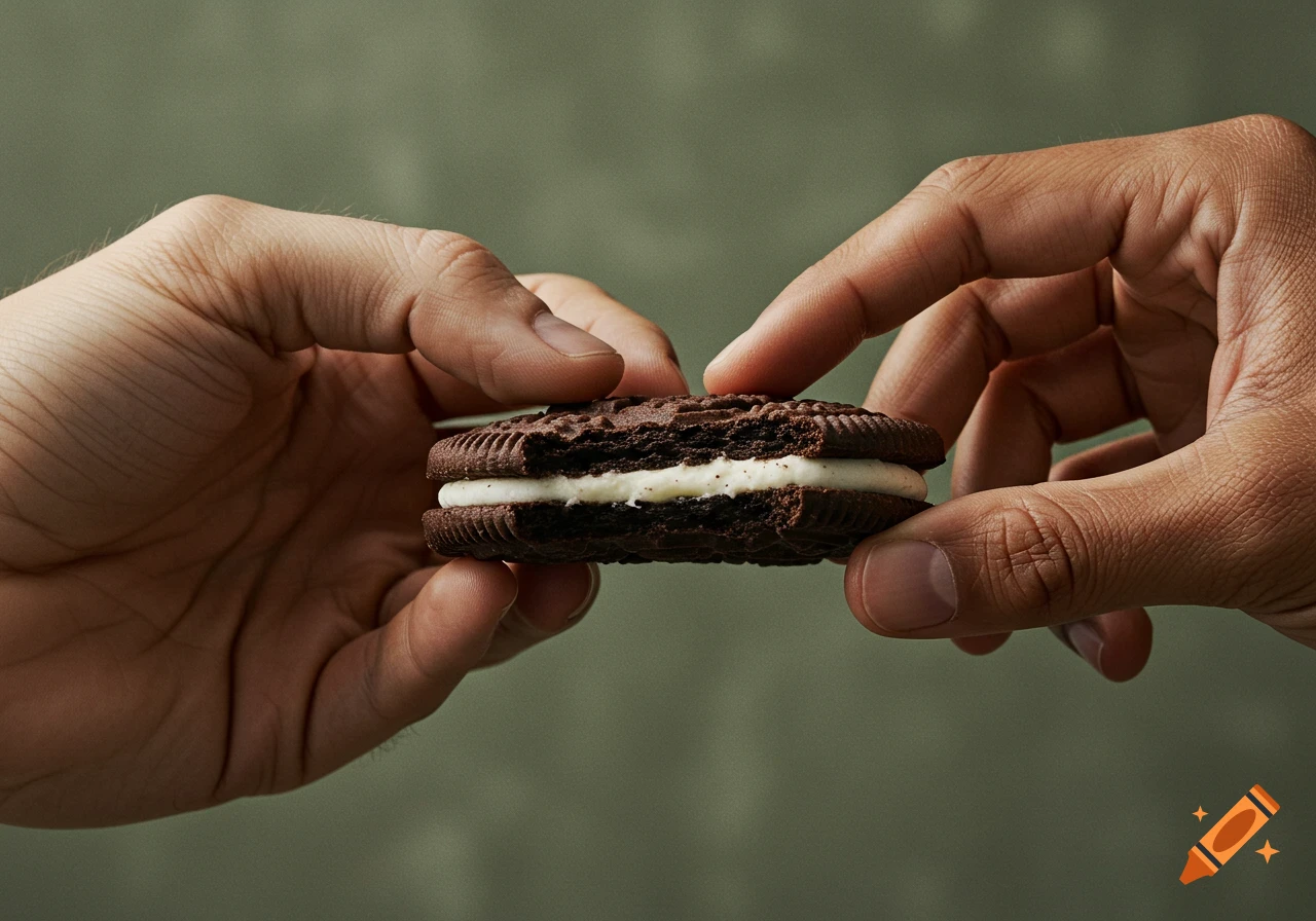 Close-up photo of two hands opening a chocolate sandwich cookie