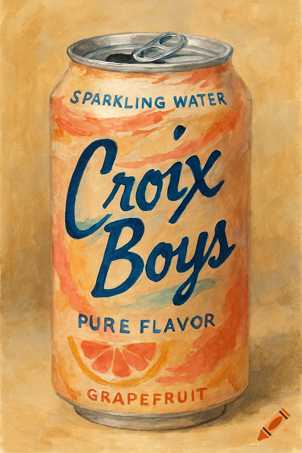 Watercolor painting of a 'Croix Boys' grapefruit sparkling water can.