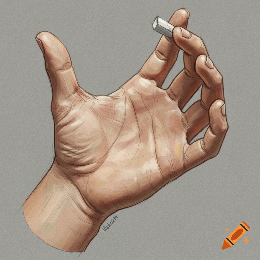 Drawing of a hand holding a small object.