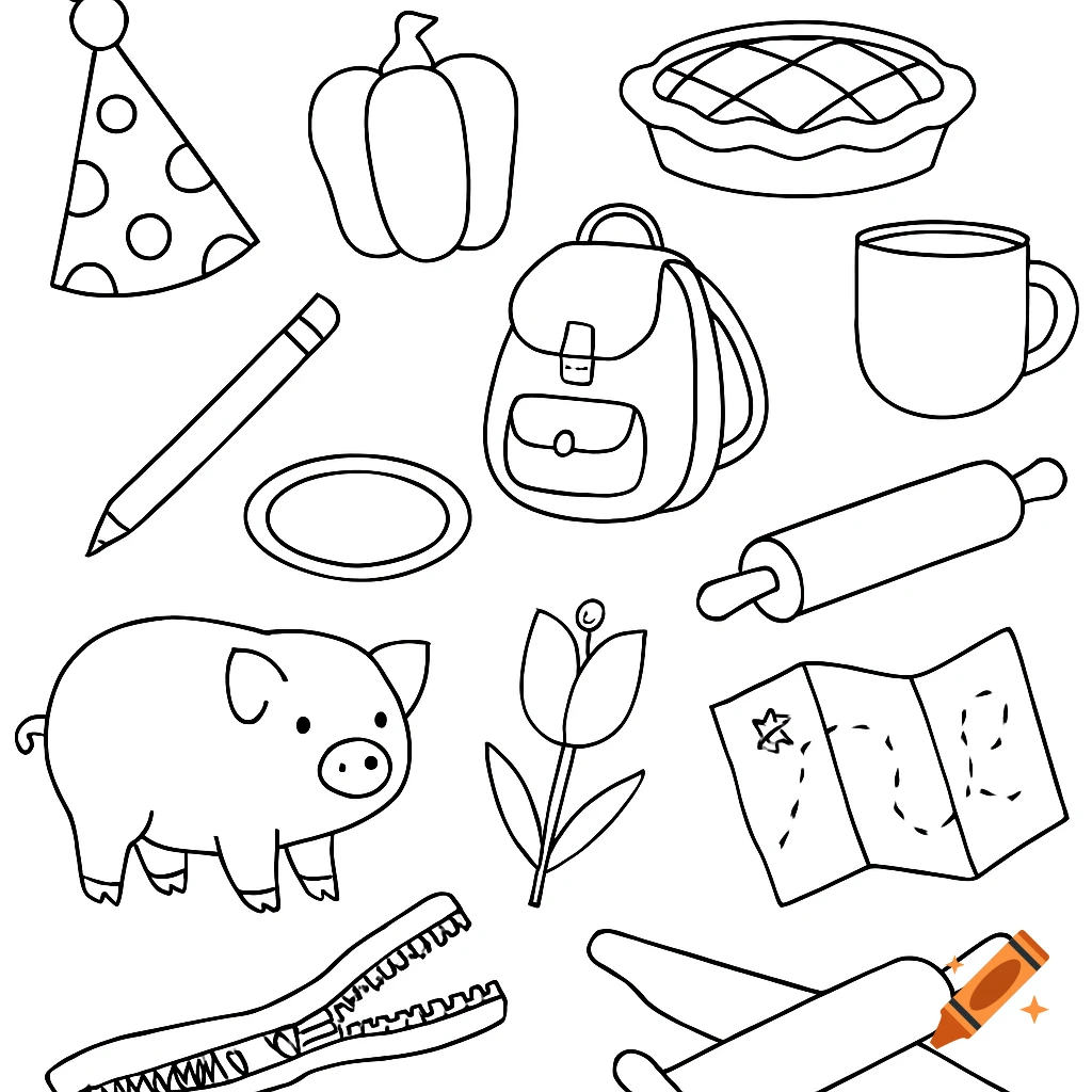 Black and white outline coloring page with objects including a pig, pie, pepper, cup, backpack, pencil, and rolling pin.