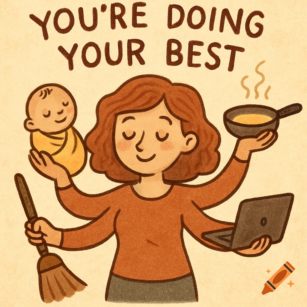 Cartoon of a multi-armed woman juggling baby, broom, pan, laptop with text "YOU'RE DOING YOUR BEST".