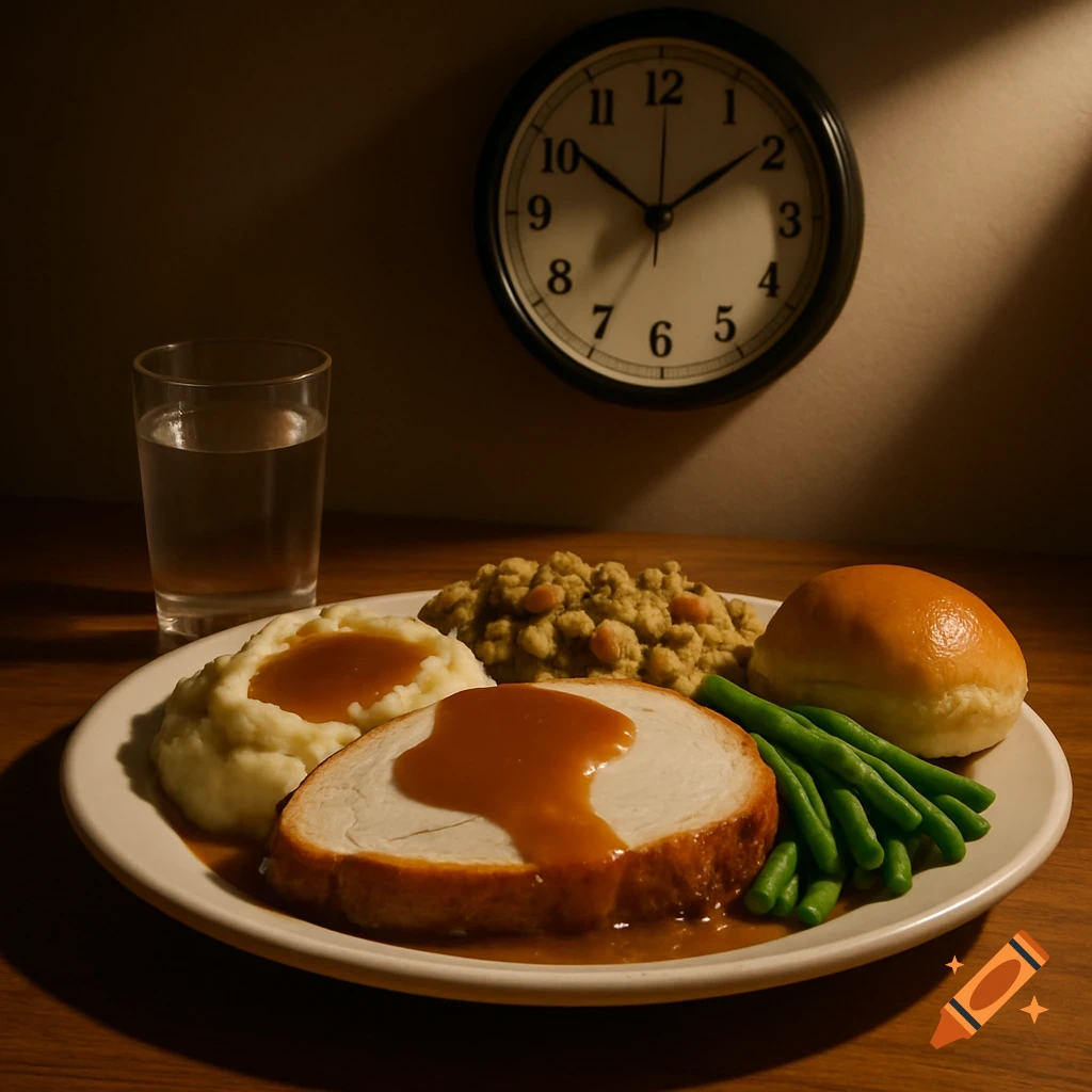 A plate of roasted turkey, mashed potatoes, gravy, green beans, stuffing, and a roll, with a glass of water and a clock showing 5:00.