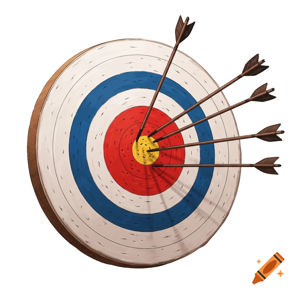 Archery target with multiple arrows hitting the center.