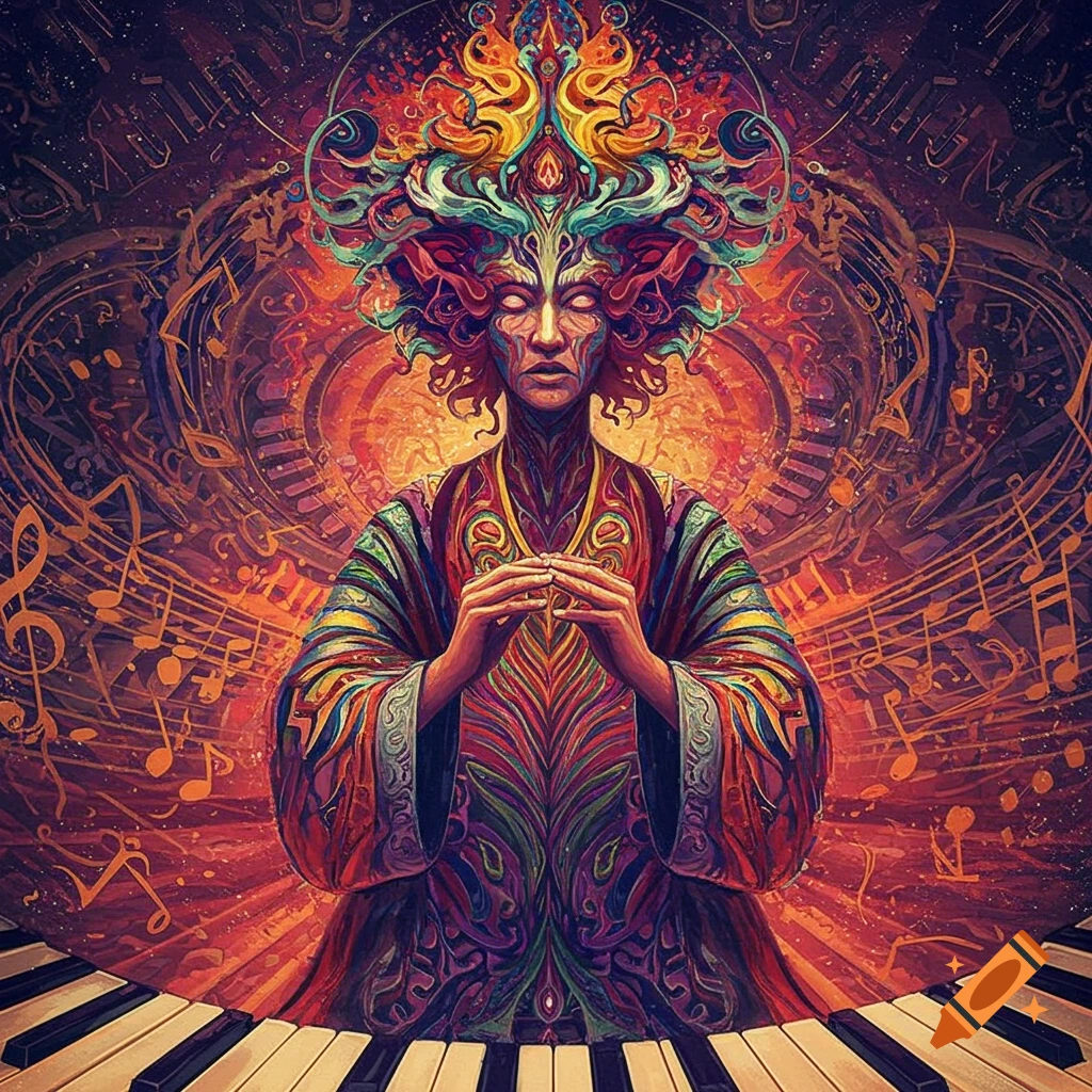 Psychedelic art of a figure with elaborate headdress behind a piano, surrounded by musical notes and cosmic patterns.