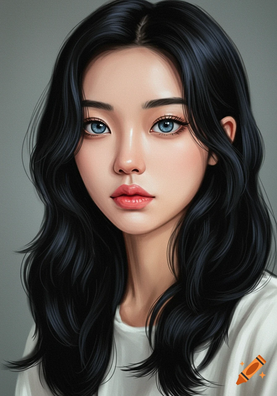 Realistic digital portrait of a young woman with dark hair and blue eyes