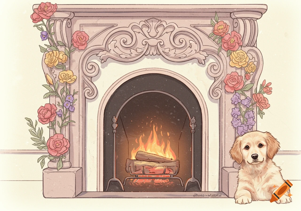 An illustration of a golden retriever puppy sitting beside a flower-decorated fireplace with a fire.