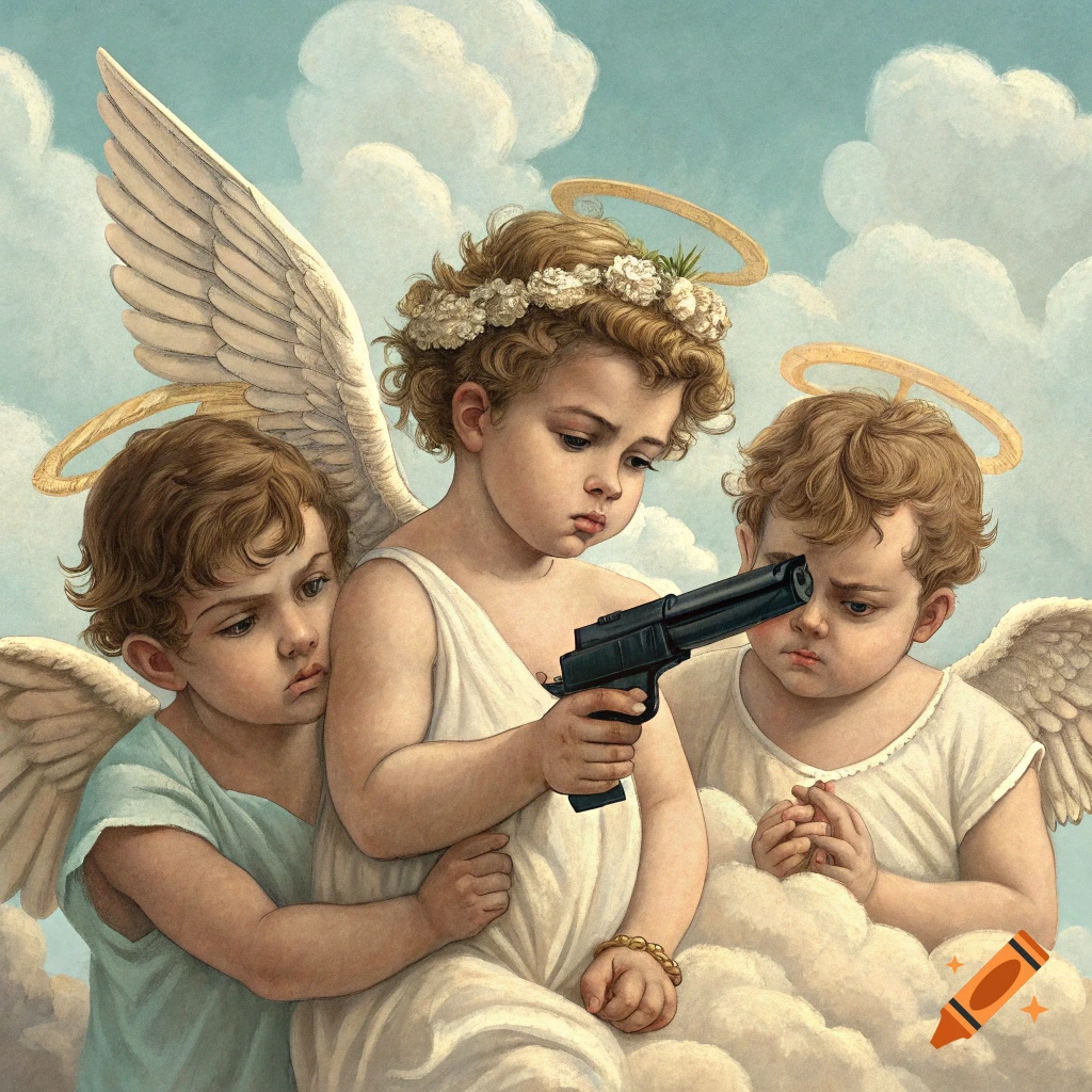 Three cherubs on clouds in classical painting style, one holds a pistol.