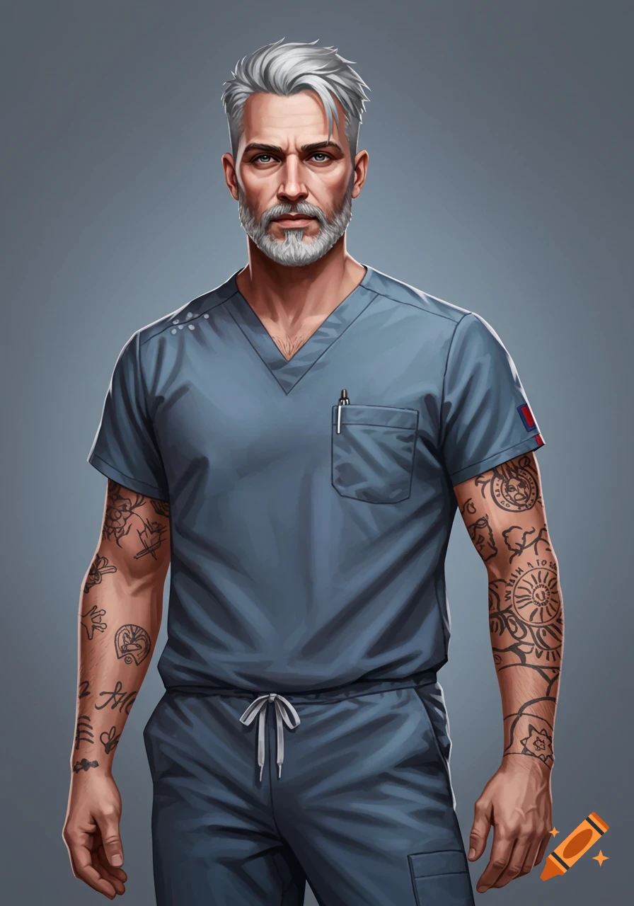 Rendered illustration of a man in scrubs with tattoos.