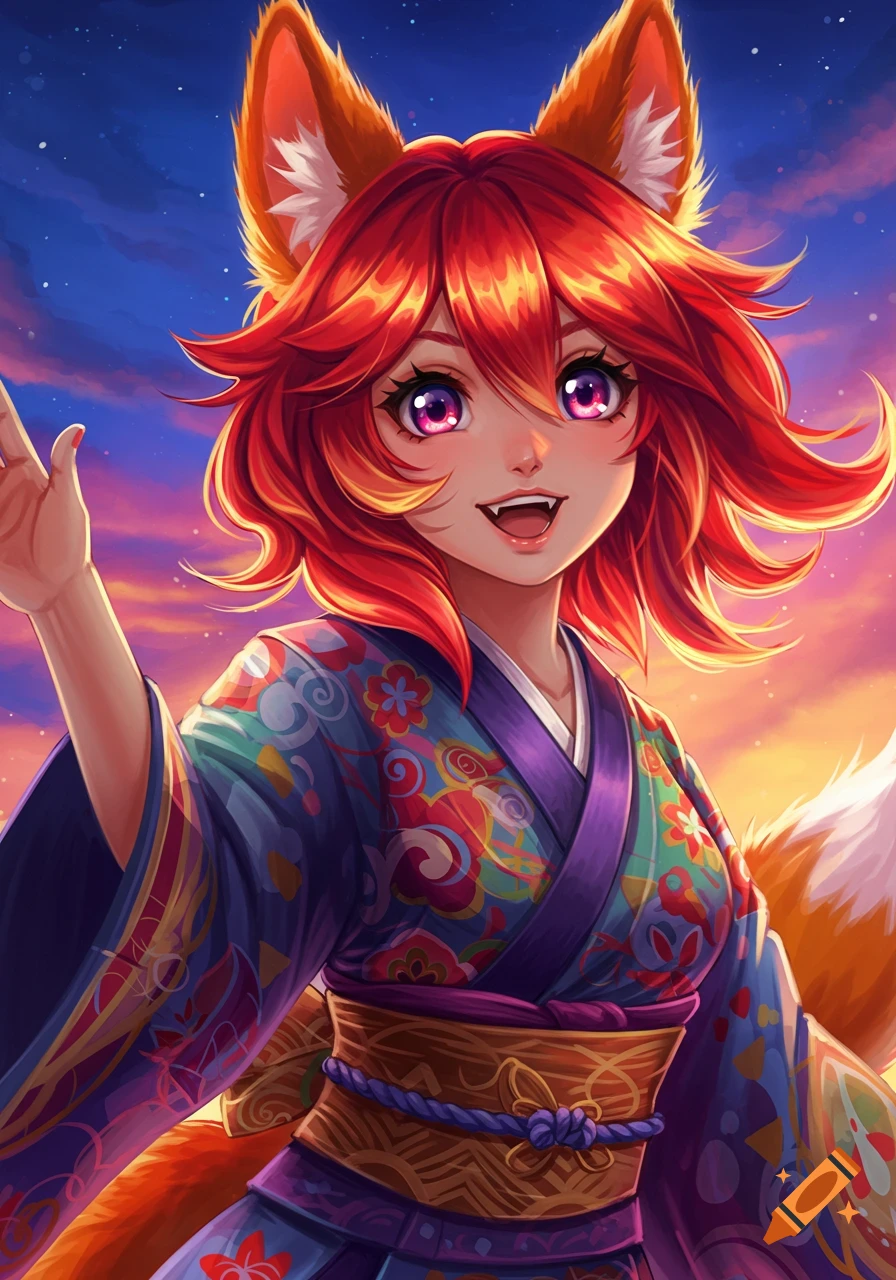 An anime-style illustration of a girl with fox ears and tail, wearing a colorful kimono, waving at the viewer.