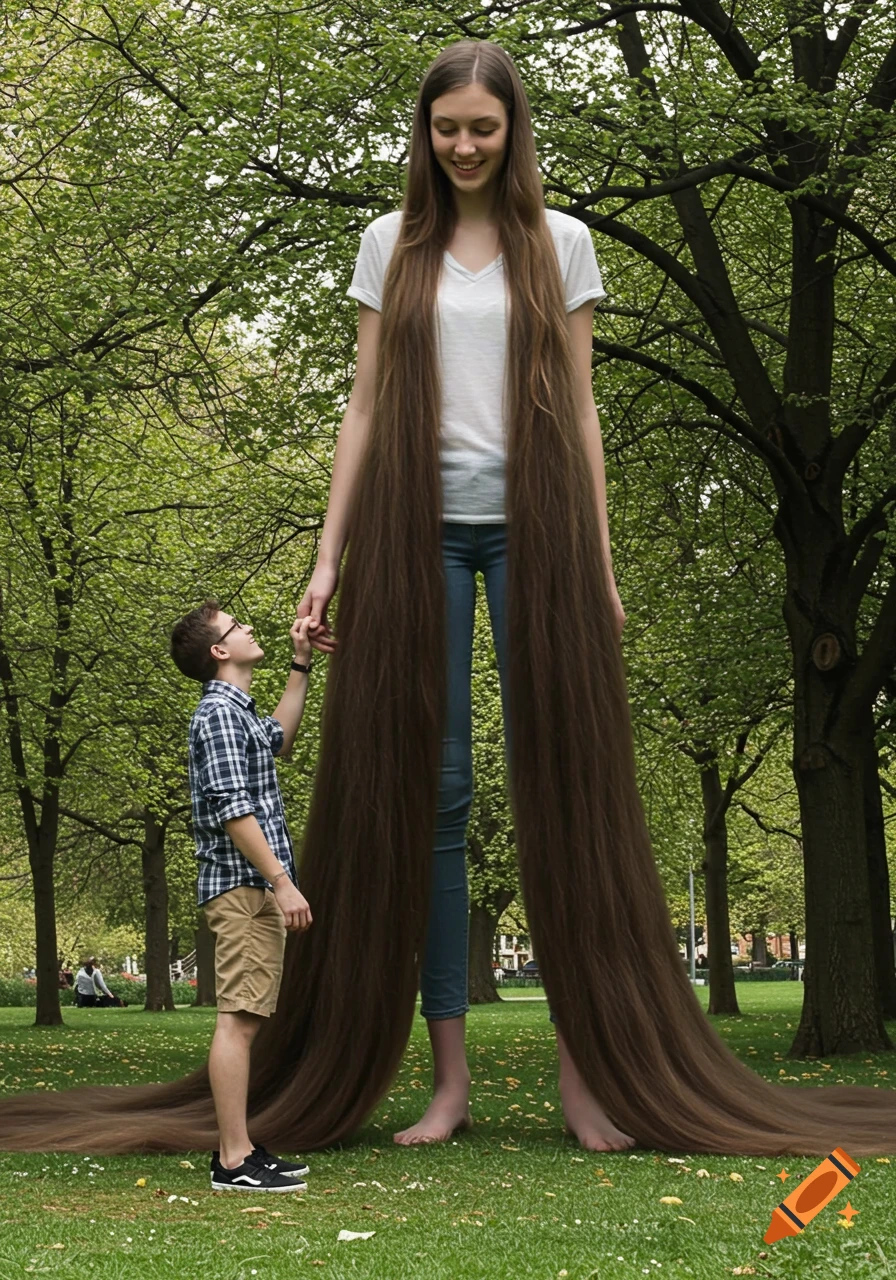 A gigantic woman with extremely long hair holds hands with a small man in a park.