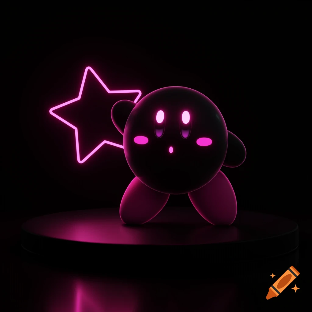 A dark 3D render of a pink glowing character resembling Kirby standing next to a pink neon star on a black disc.