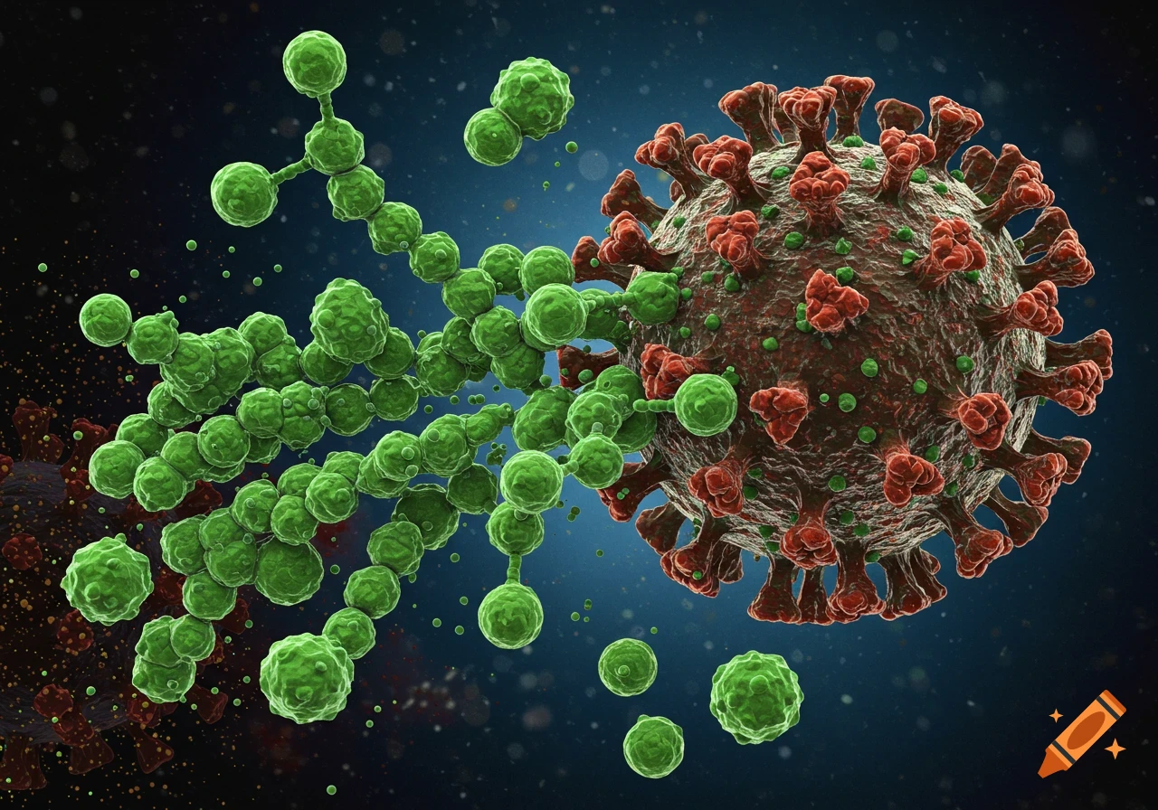 Microscopic view of a virus being targeted by smaller molecules.