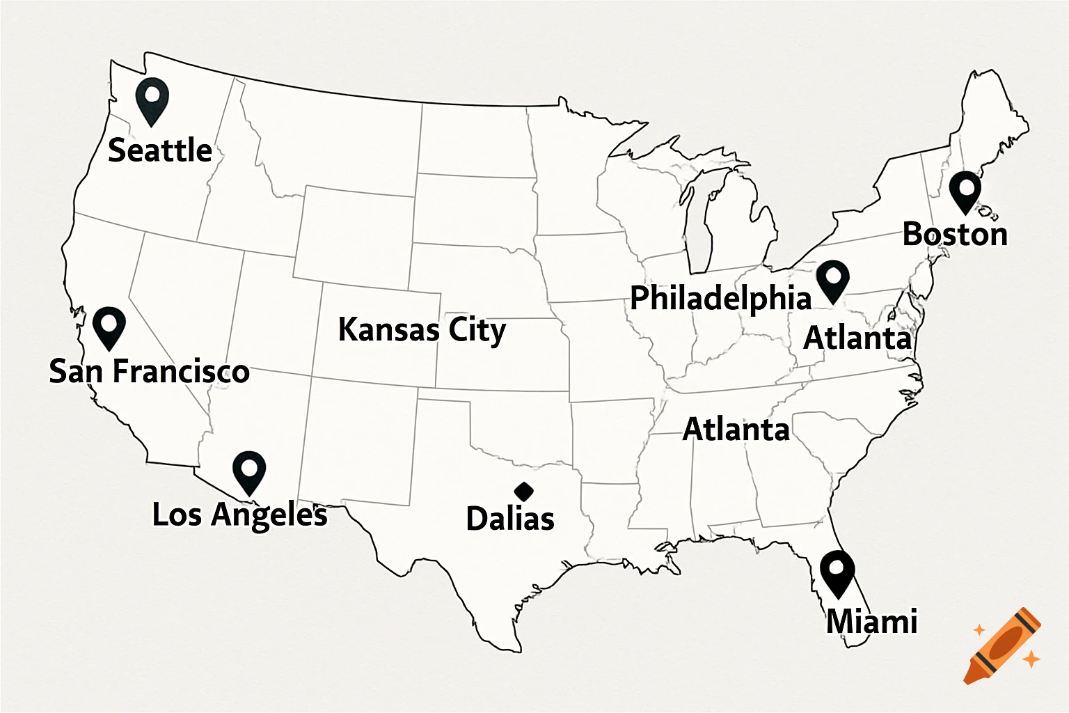 Black and white map of the United States with pins marking cities