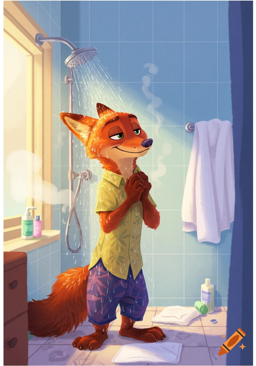 Nick Wilde, an anthropomorphic fox, stands fully clothed in a shower getting wet. Cartoon illustration.