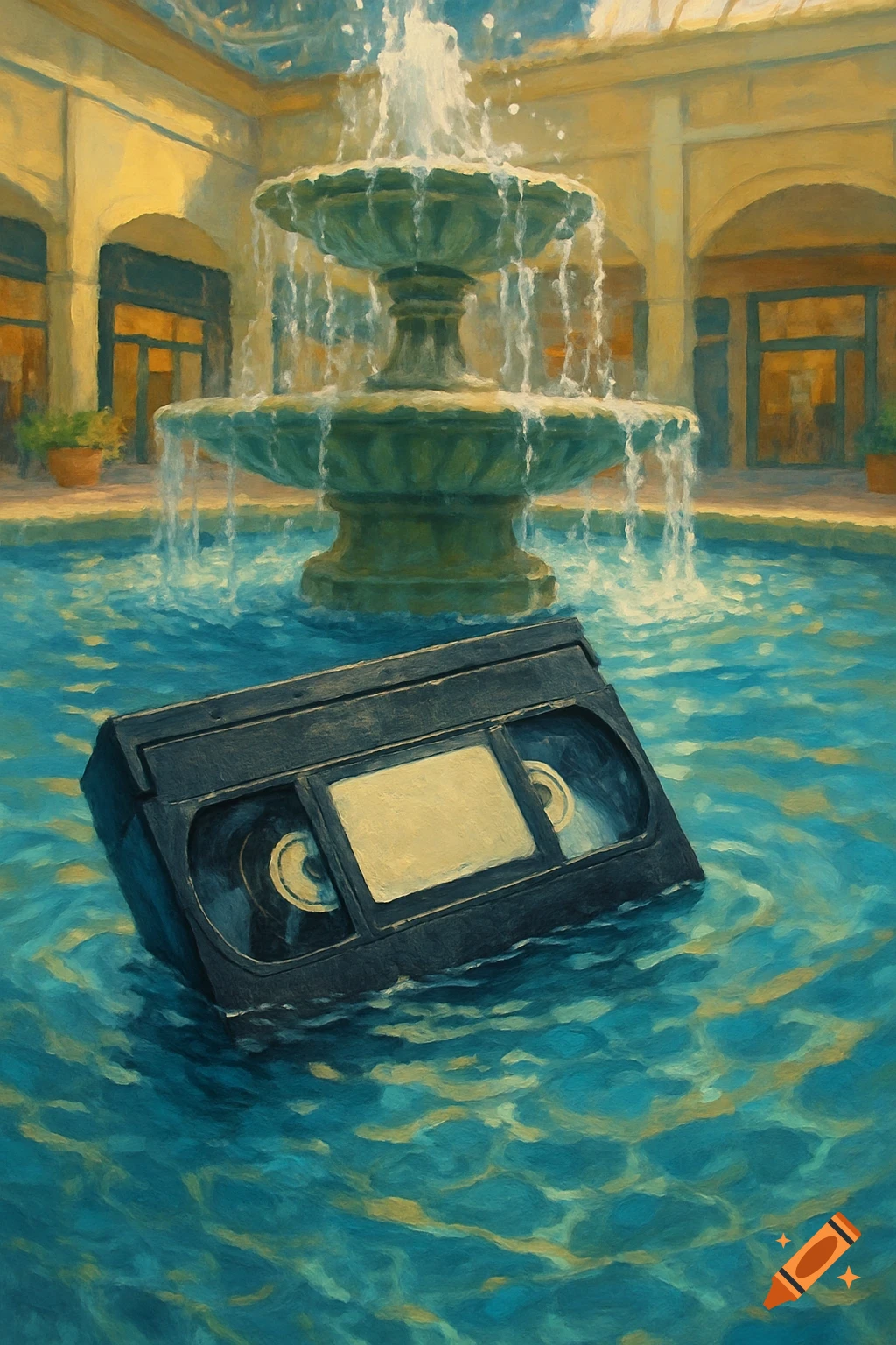A VHS tape half-submerged in a mall fountain, painted in a moody style.