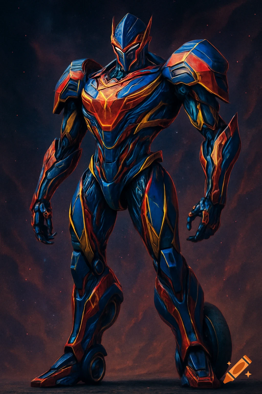 A futuristic blue and red armored robot against a dark cosmic background.