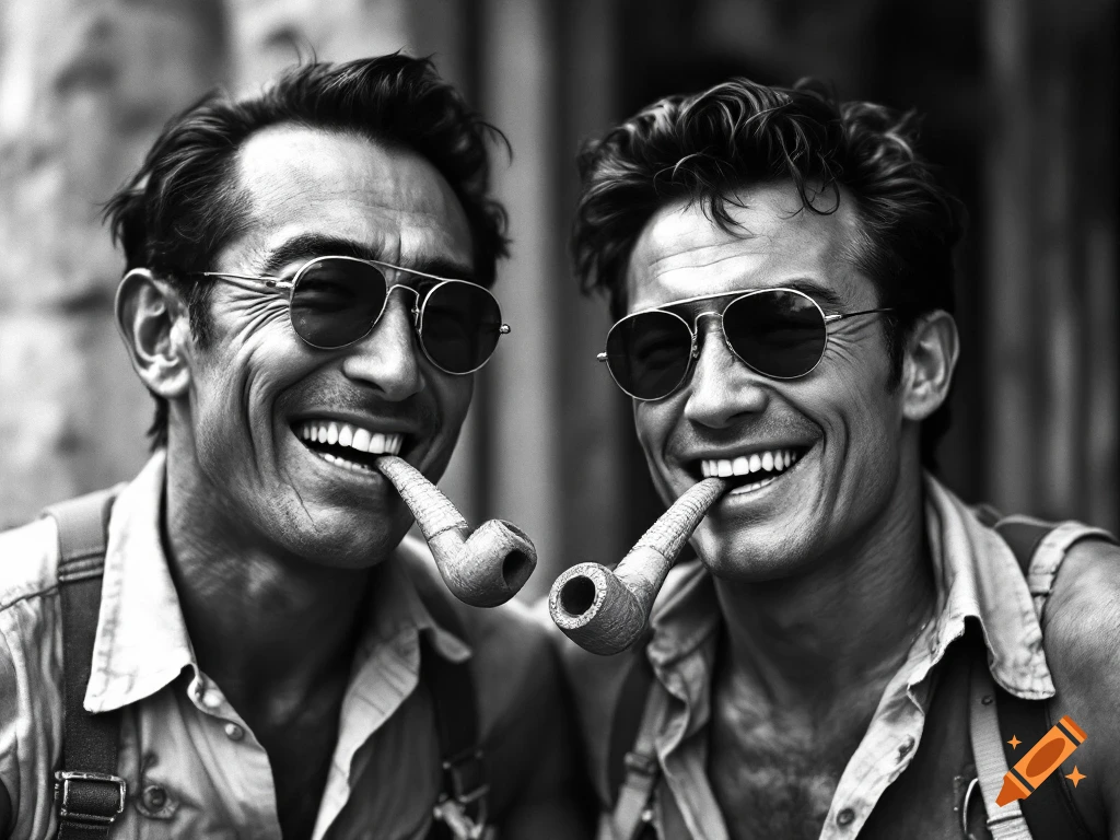 Black and white close-up portrait of two men smiling with pipes in their mouths and wearing sunglasses.