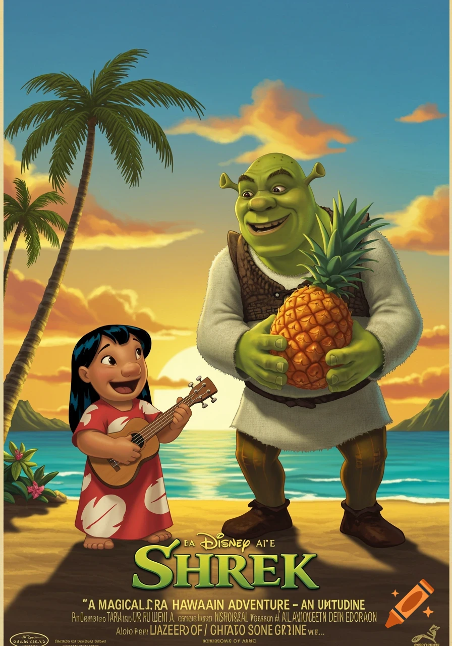 Lilo and Shrek on a beach at sunset, like a movie poster. Lilo holds a ukulele, Shrek a pineapple.