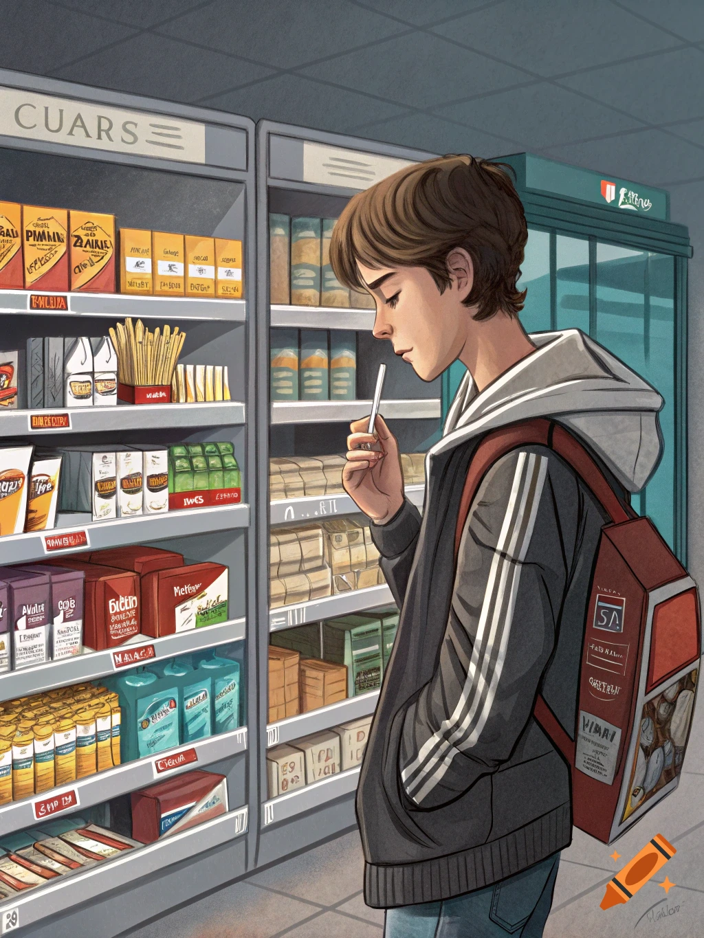 Anime illustration of a young person looking at shelves in a convenience store