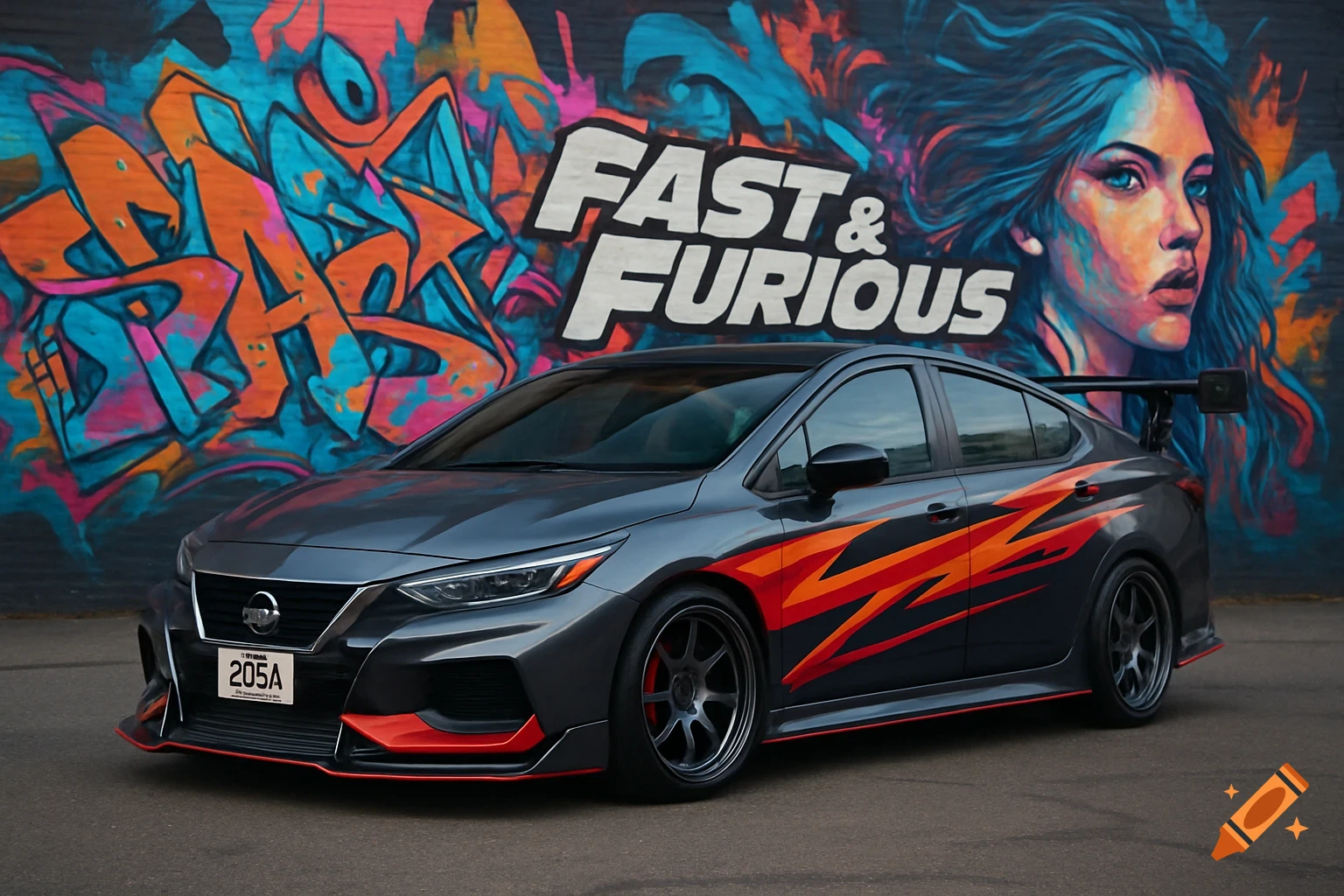 Modified gray car with racing stripes parked in front of a wall with colorful graffiti and the text "FAST & FURIOUS".