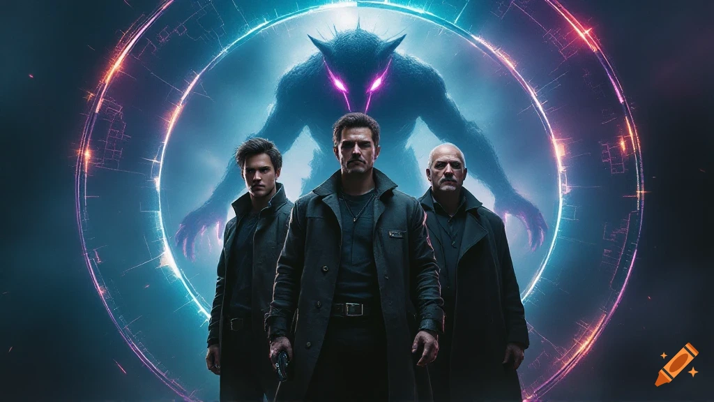 Three men stand before a glowing ring and a silhouetted monster in a sci-fi movie poster style.