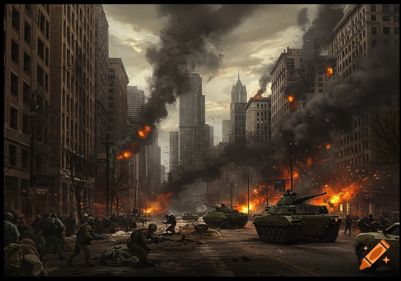 Soldiers and tanks on a burning city street under siege with smoke rising from buildings, realistic style