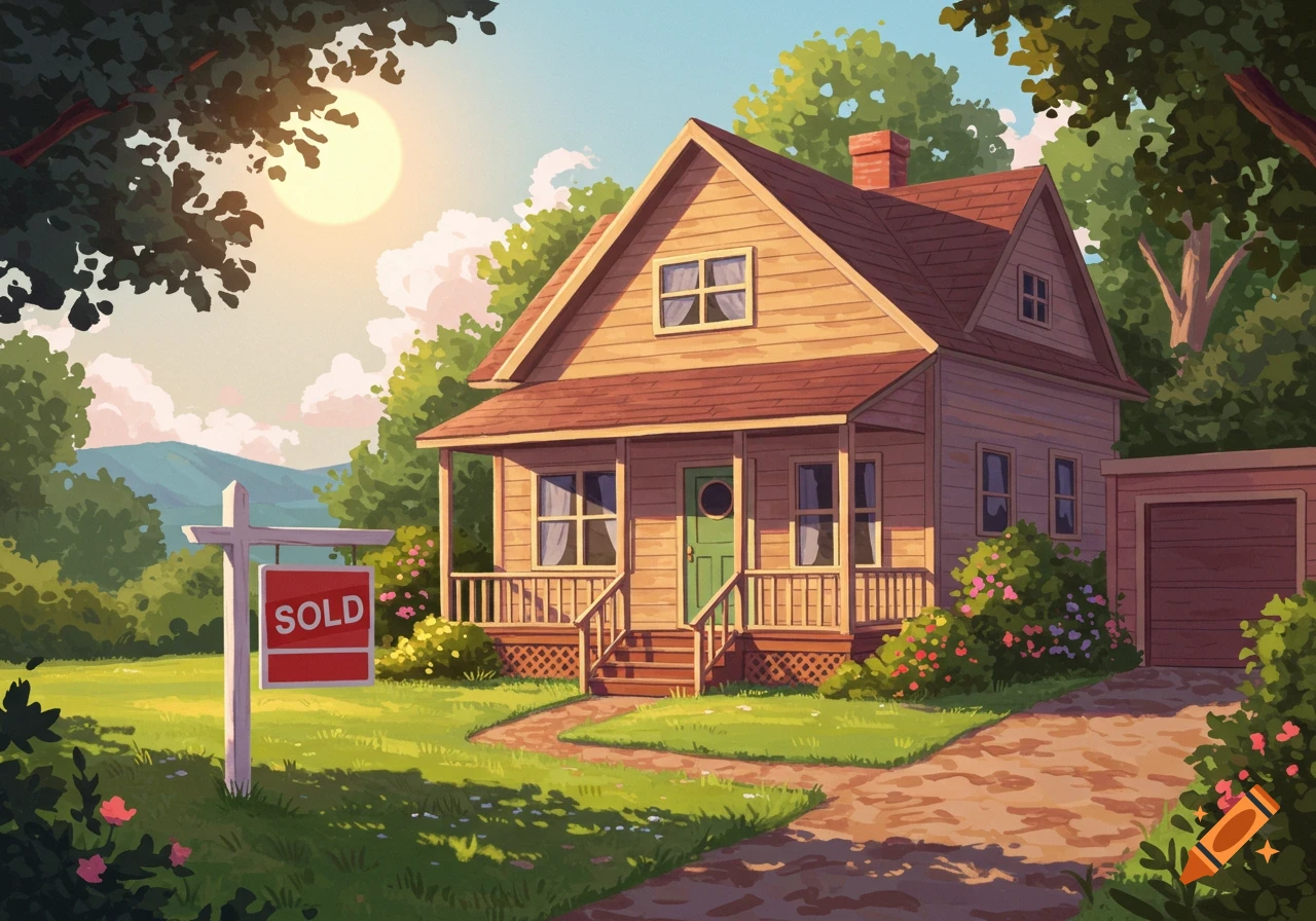 A cartoonish house with a 'SOLD' sign in the yard during sunset.
