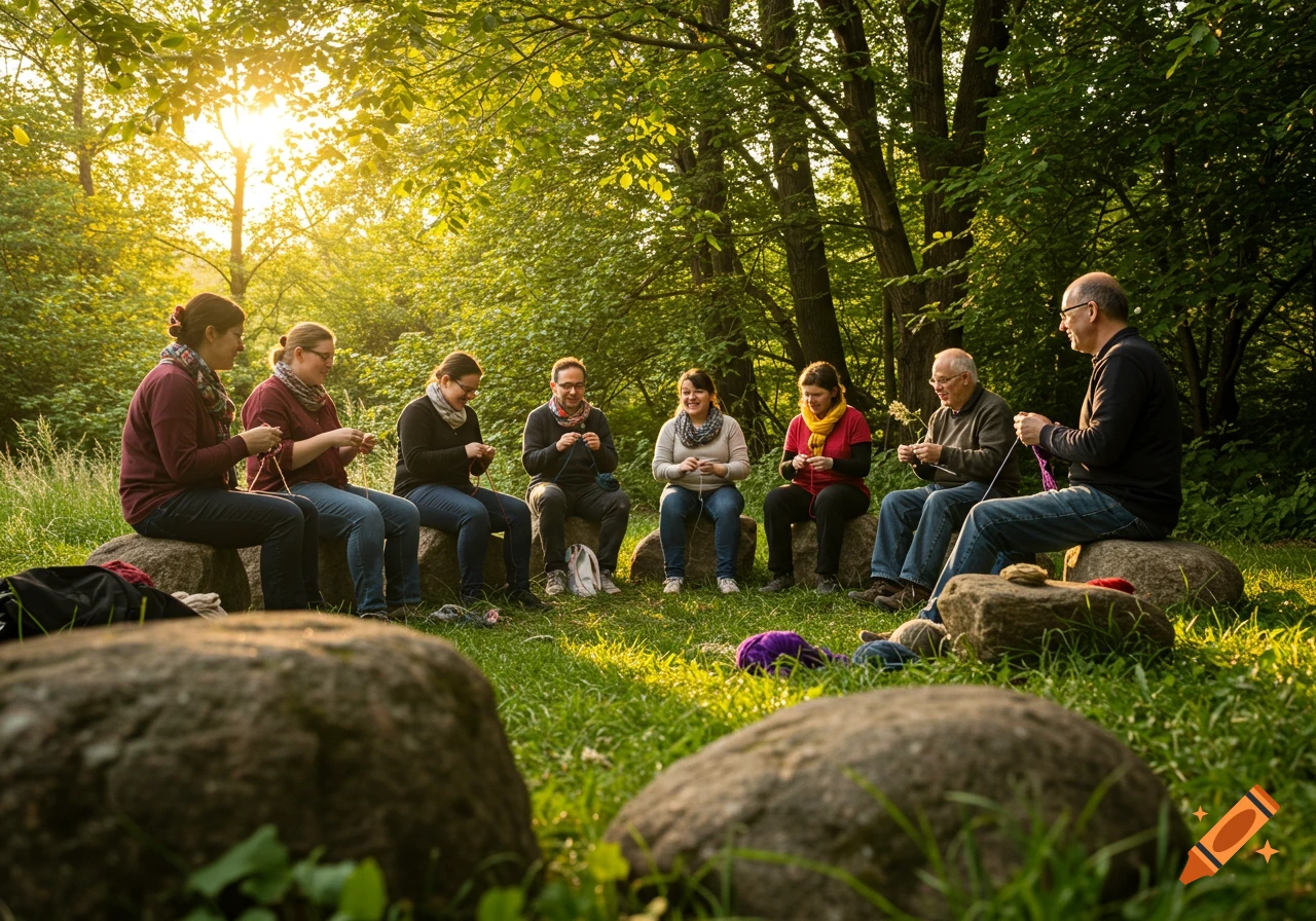 A group of people knitting in a circle on rocks outdoors at sunset.