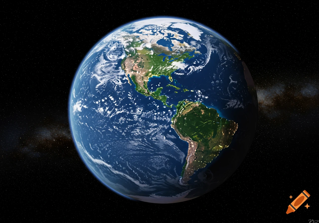 Orbiting view of Earth from space, showing North and South America with daylight and night city lights.