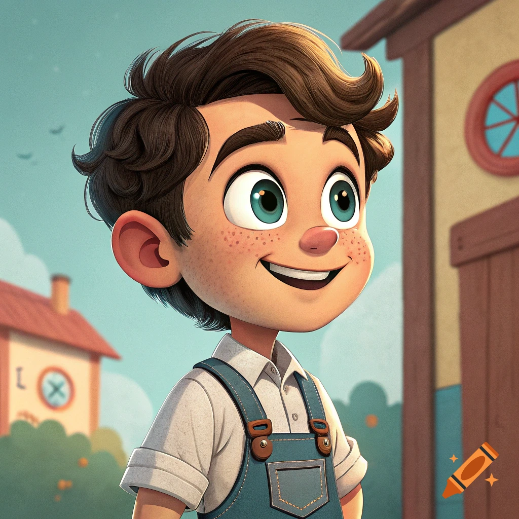 A smiling cartoon boy with freckles and overalls stands outdoors.