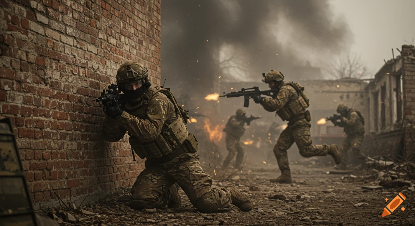 Soldiers crouch behind cover and run while firing weapons in a smoky, war-torn city.