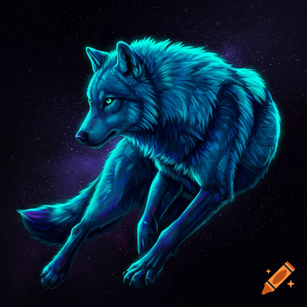 A neon blue wolf leaps against a starry background.