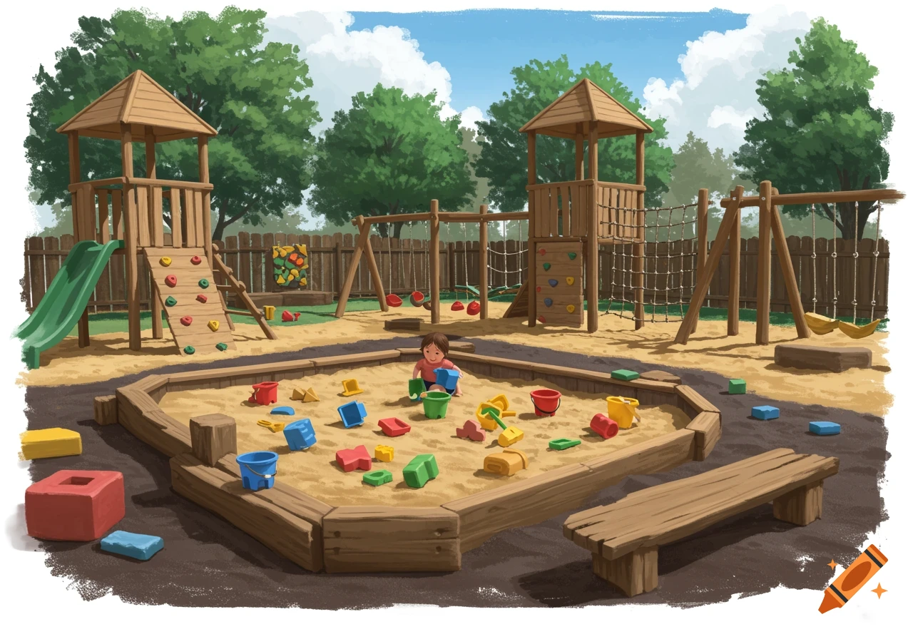 An illustration of a child playing in a large sandpit in a playground with climbing frames and swings.