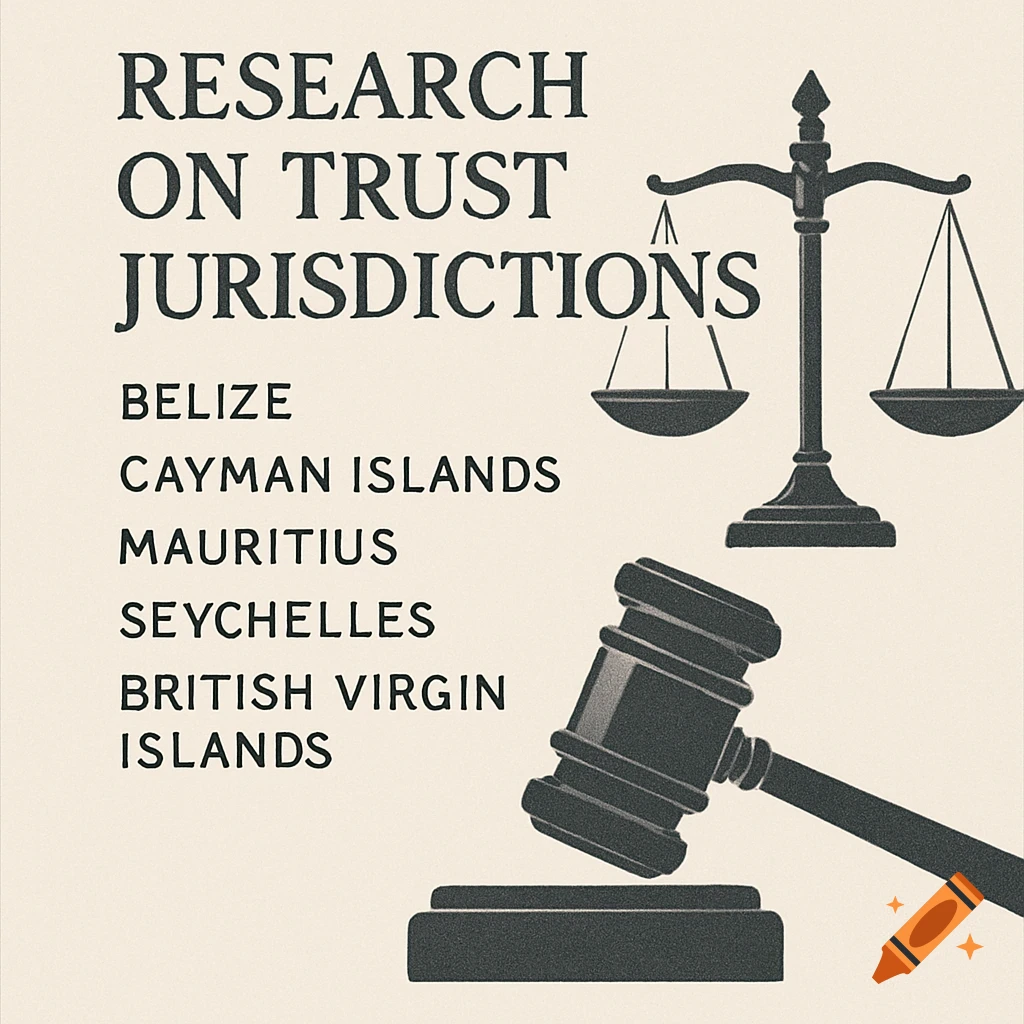Graphic with scales of justice and gavel next to text: RESEARCH ON TRUST JURISDICTIONS and a list of jurisdictions.