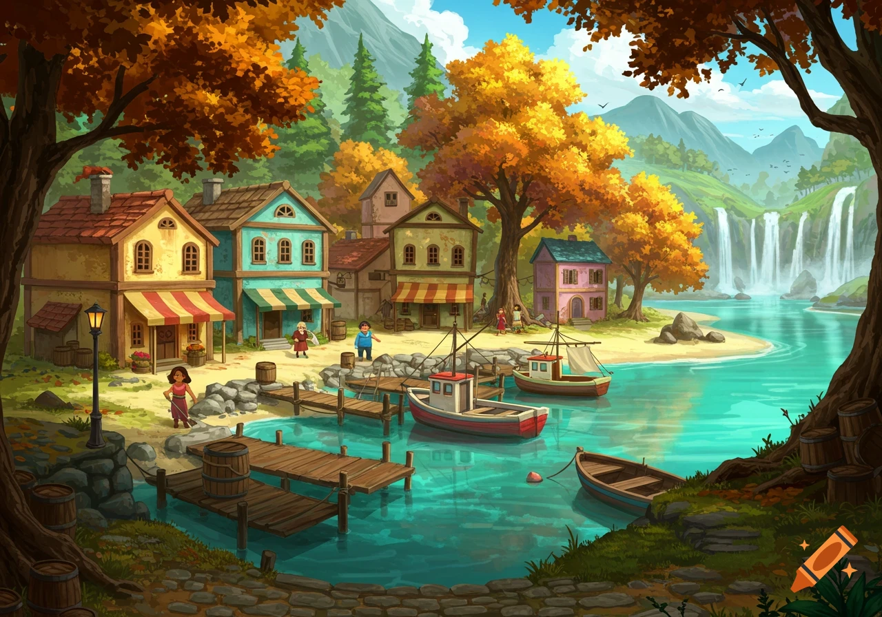 A vibrant, stylized illustration of an autumn village by a river with docks, boats, trees with yellow leaves, and waterfalls.