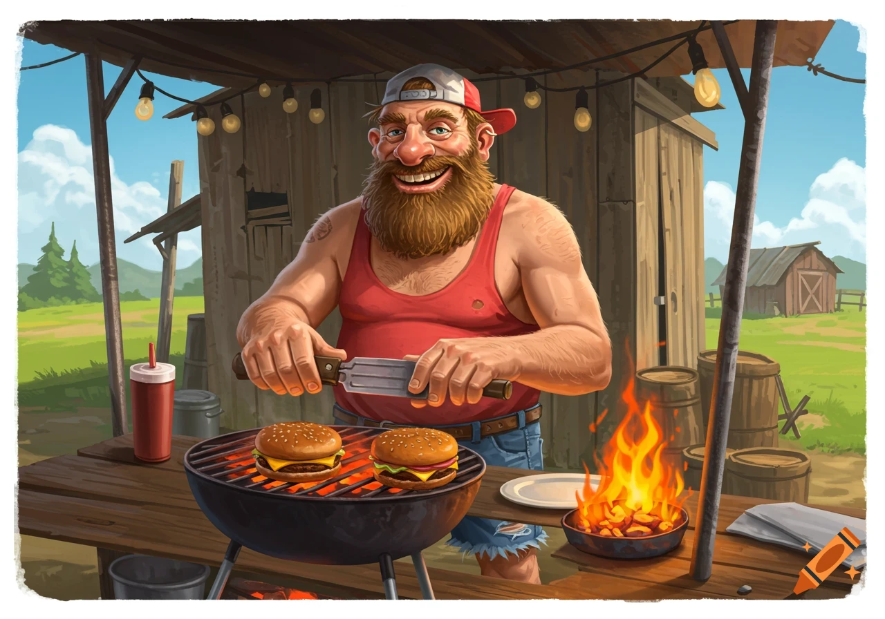 Illustrative man grilling burgers outdoors