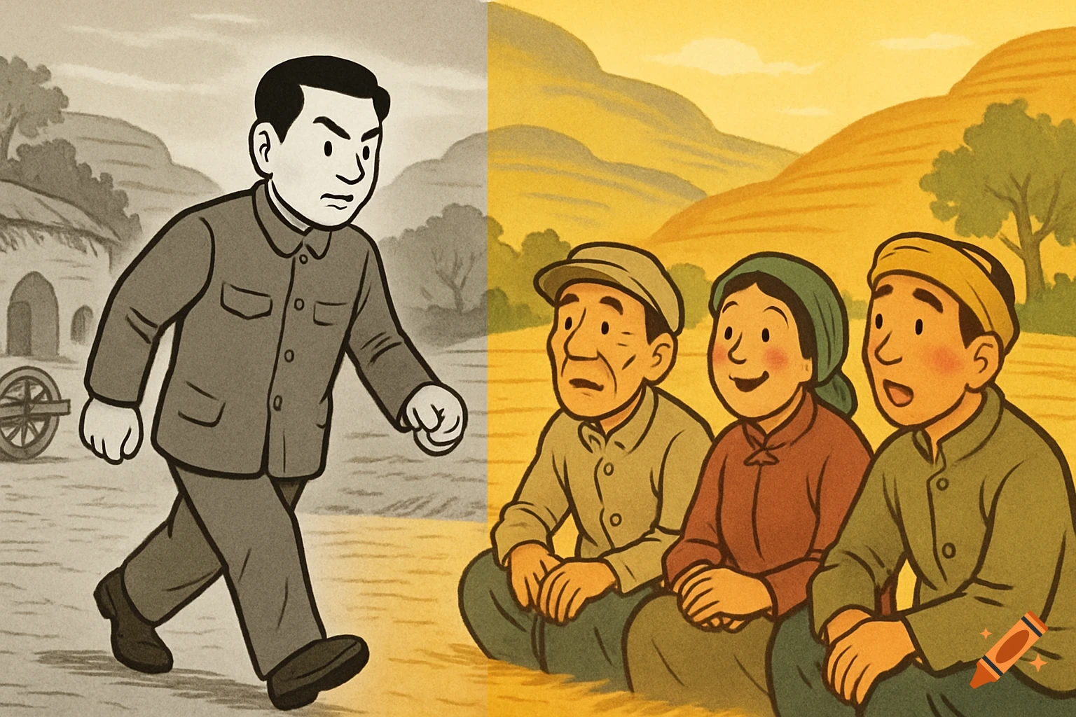 Cartoon man walks toward seated villagers in a rural scene split between black and white and color.