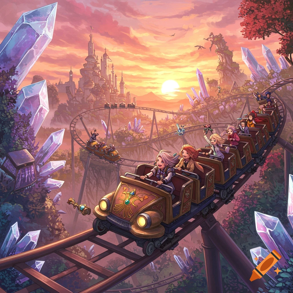 Anime fantasy illustration of a roller coaster with passengers riding through a landscape filled with giant crystals and a castle at sunset.