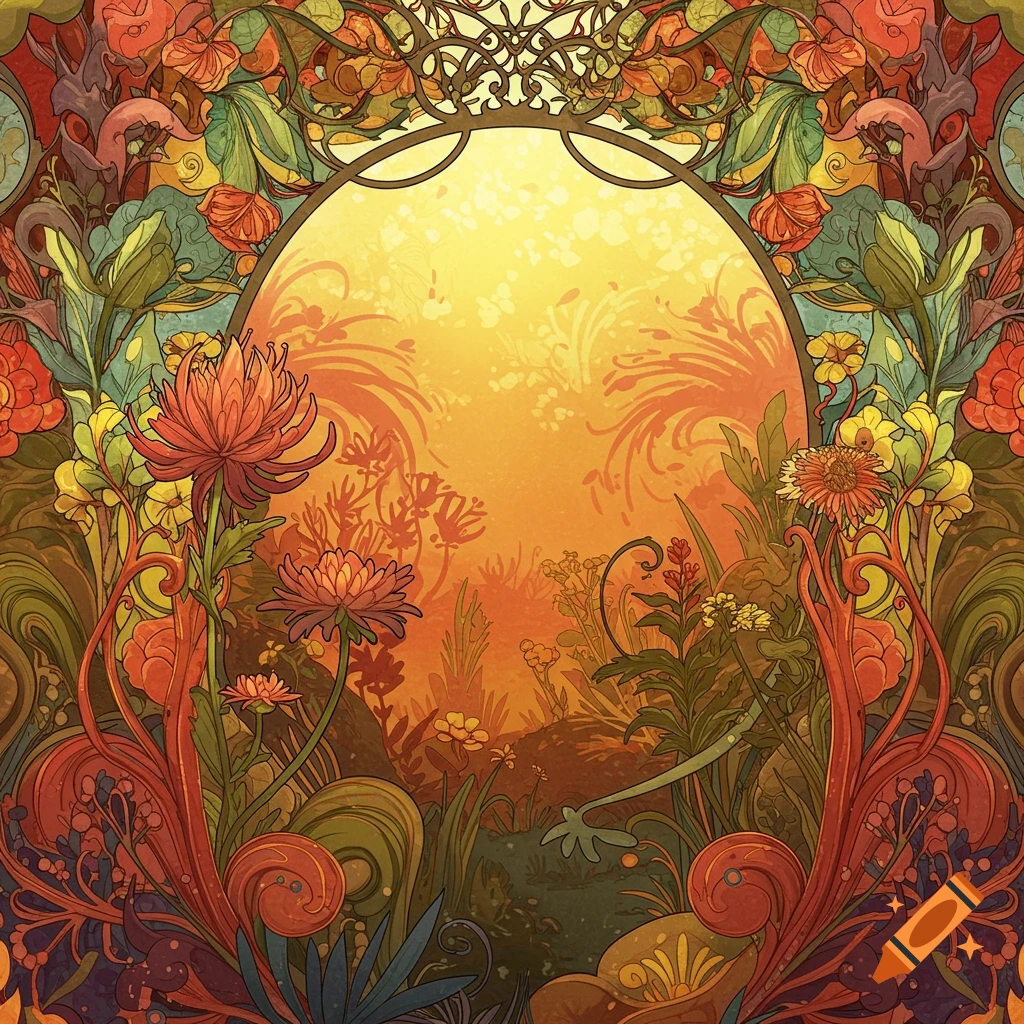 Vibrant Art Nouveau illustration of flowers and foliage framing a bright oval space.