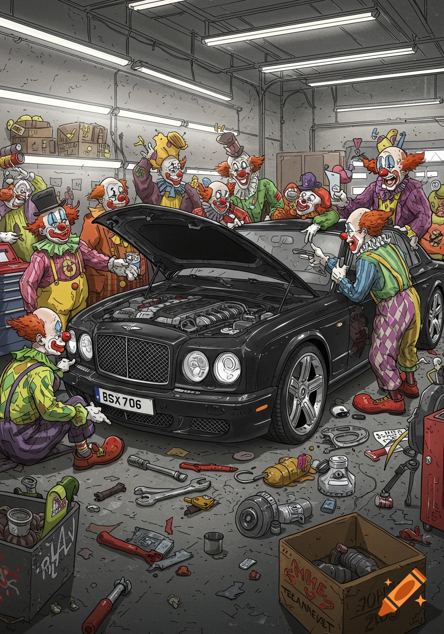 A group of clowns are working on a black Bentley car in a messy garage.