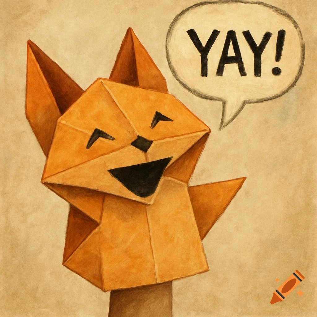 An illustration of an origami fox puppet in a speech bubble saying "YAY!".