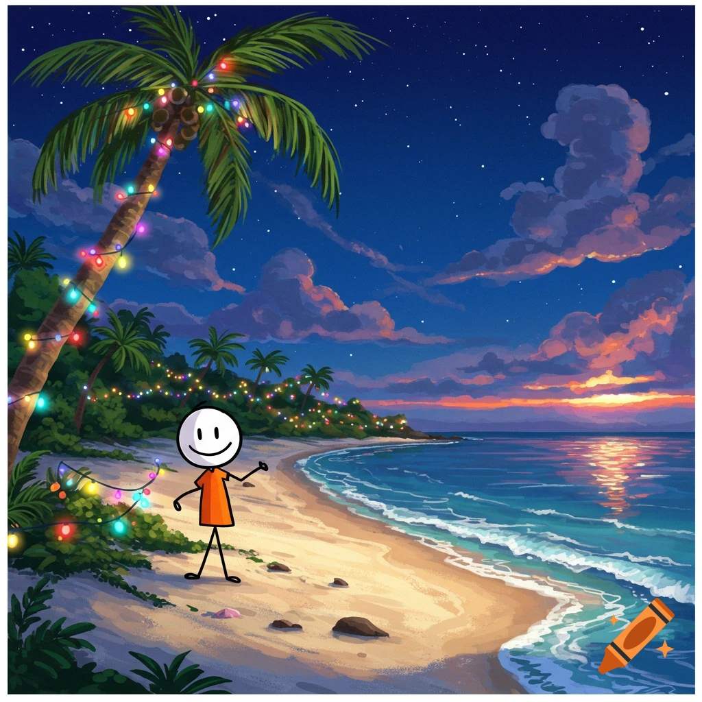 Stick figure stands on a beach with holiday lights on palm trees at sunset.