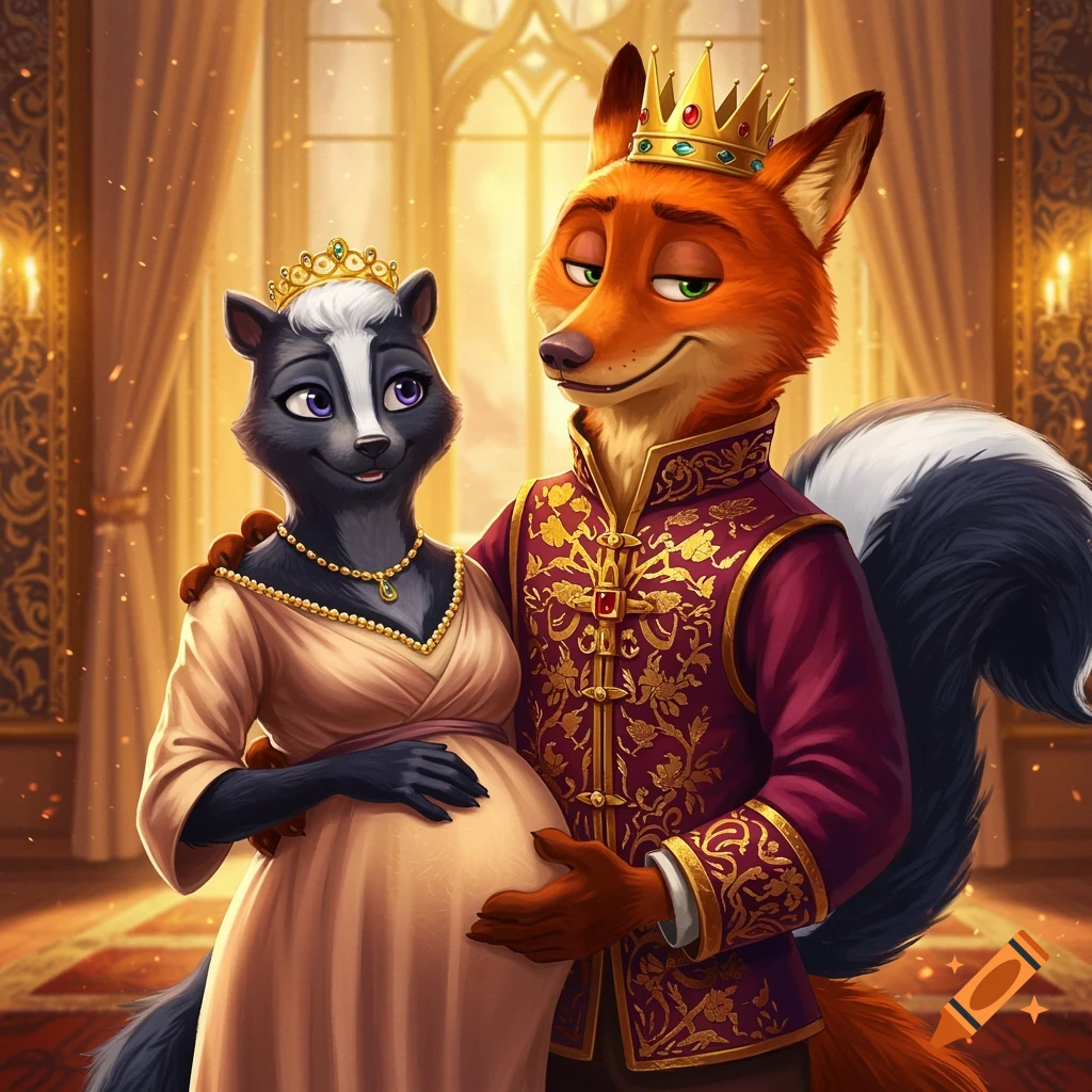 A cartoon fox king and his pregnant skunk wife stand together in a palace ballroom.