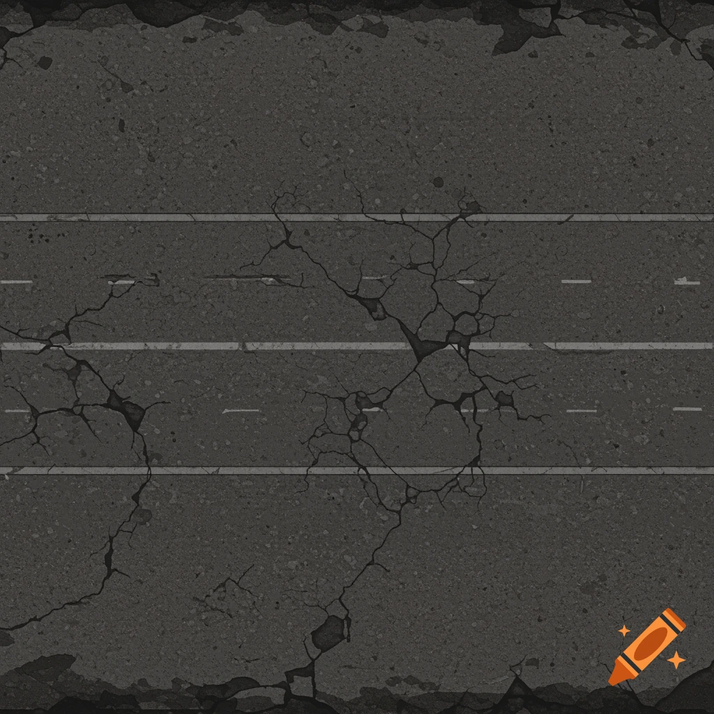 Top-down view of a cracked asphalt road texture with white lines.