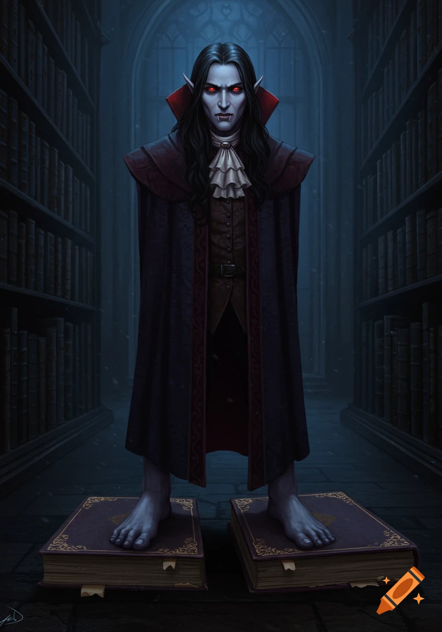 Fantasy illustration of a vampire with bare feet standing on two large books in a library.