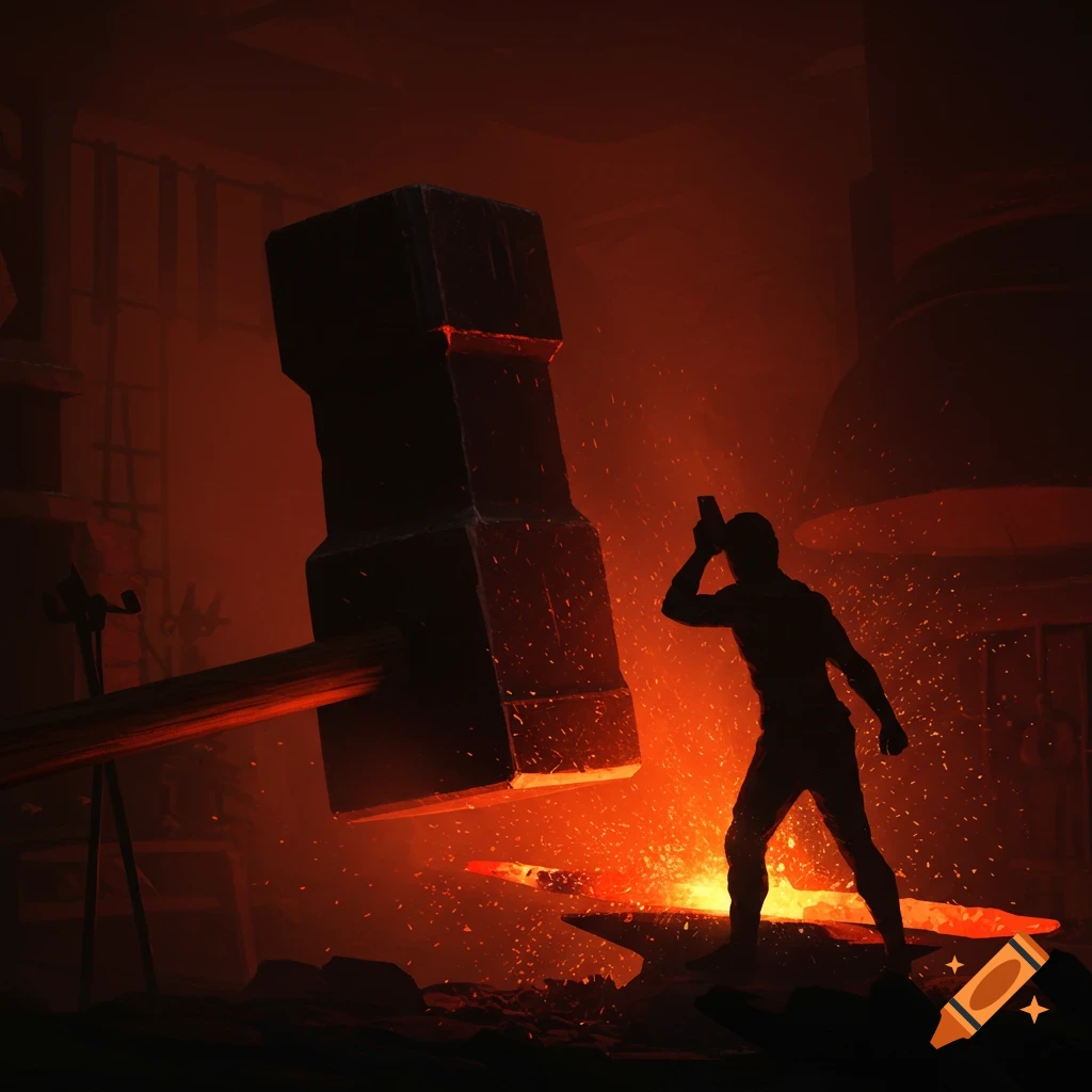 Silhouette figure with a hammer forging metal on an anvil under a giant hammer in a fiery blacksmith shop.