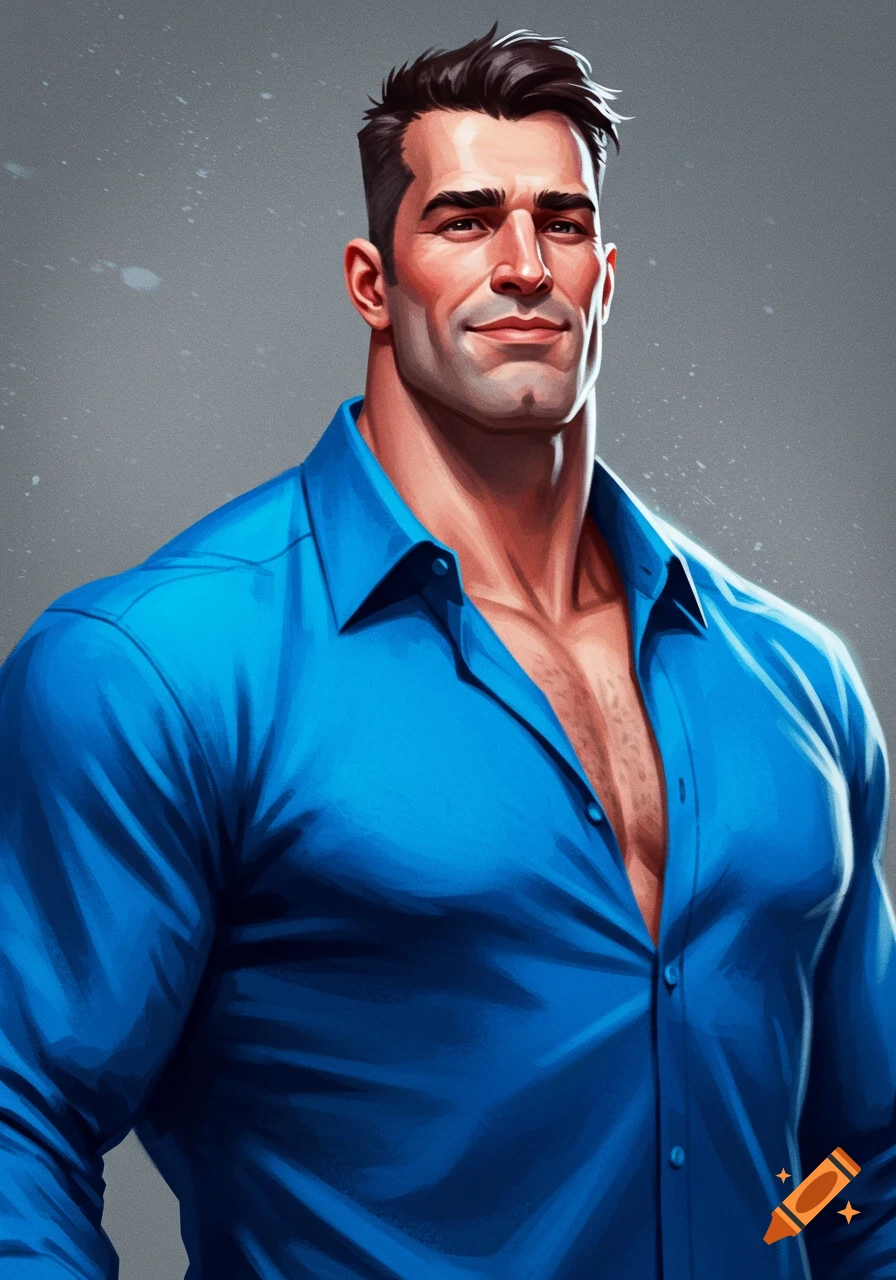 An illustrated portrait of a muscular man with a strong jawline wearing an unbuttoned blue shirt.